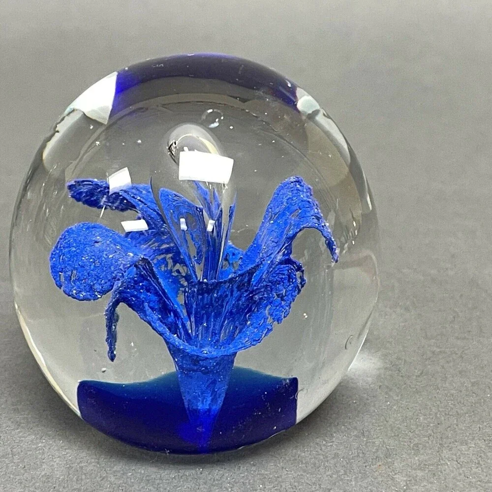Pier 1 Imports Clear Blue Glass Paperweight Paper Holder 2 5/8